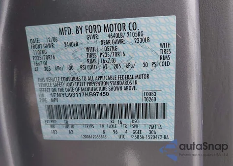 2007 Ford Escape Xlt/Xlt Sport из США, поврежденный, VIN 1FMYU93117KB97450